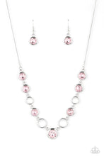 Load image into Gallery viewer, Thick airy silver hoops interlock with round brilliant-cut pink rhinestones set in similar thick frames for an unmatched elegant sparkle. Features an adjustable clasp closure. 
