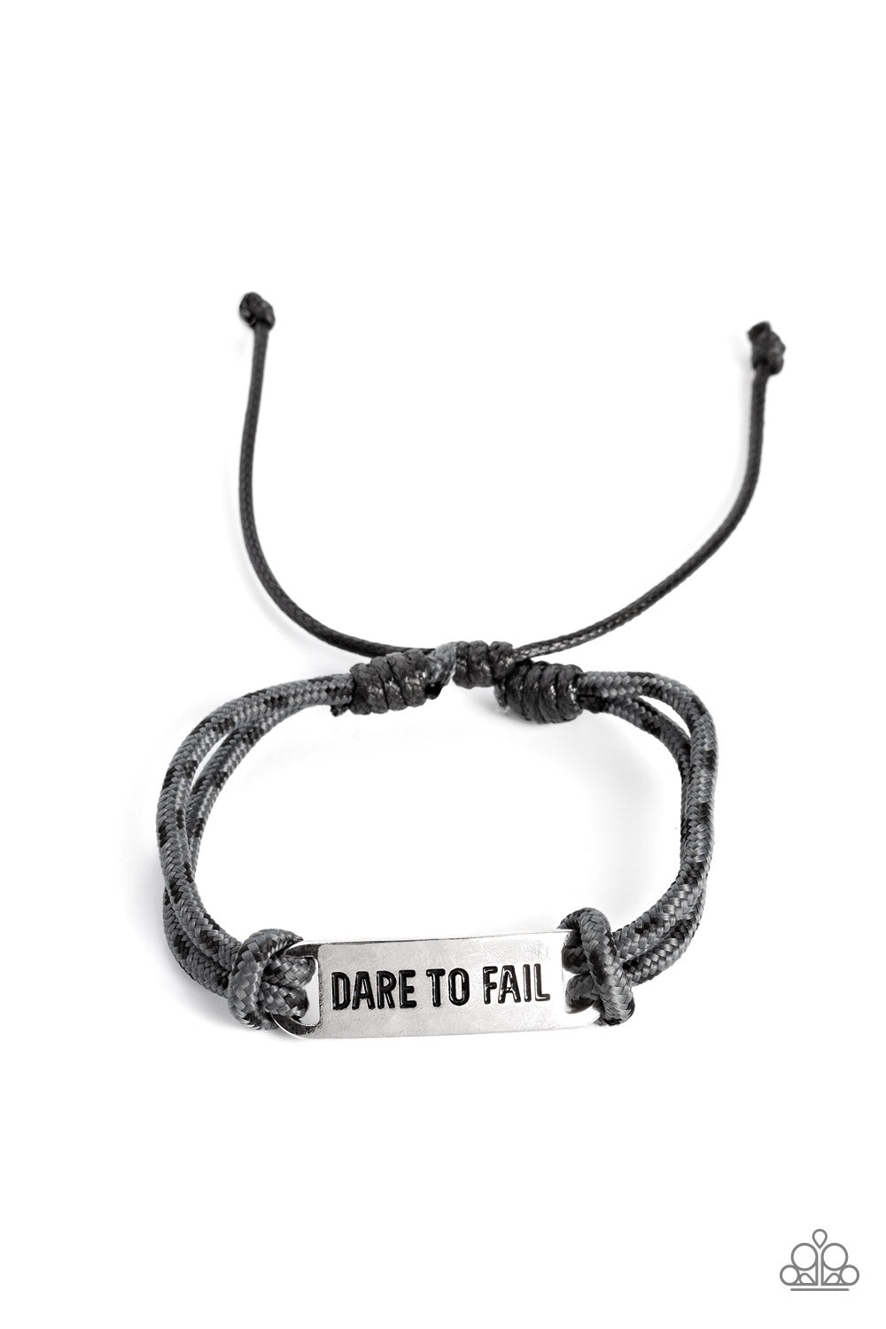 Gray paracord rope, sporadically dotted with black spots, encircles a square silver pendant. Featured on the pendant, the phrase 