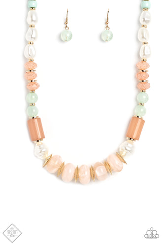 Gold accents and discs combine with a collection of solid, cloudy, and crackle beads in varying sizes and colors, to create a modern design threaded along a classic gold chain. The shades of pastel green and soft peach create a fresh and subdued palette, with pearly white accents interspersed for a hint of refinement. Features an adjustable clasp closure.  Sold as one individual necklace. Includes one pair of matching earrings.  New Kit Fashion Fix