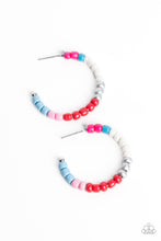 Load image into Gallery viewer, A colorful strand of hot pink, blue, white, silver, red, light pink, and baby blue seed beads follow the curve of a silver hoop, creating a colorfully charismatic look. Earring attaches to a standard post fitting. Hoop measures approximately 1 1/4&quot; in diameter.
