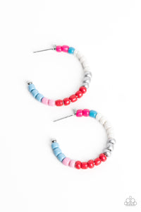 A colorful strand of hot pink, blue, white, silver, red, light pink, and baby blue seed beads follow the curve of a silver hoop, creating a colorfully charismatic look. Earring attaches to a standard post fitting. Hoop measures approximately 1 1/4" in diameter.