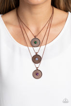 Load image into Gallery viewer, Stamped with a floral motif, oversized copper pendants trickle from three layered chains below the neckline for a casual style. Featured in the center of each disc, a jade, opal white, and amethyst stone create a pop of color against the textured backdrop. Features an adjustable clasp closure. As the stone elements in this piece are natural, some color variation is normal.
