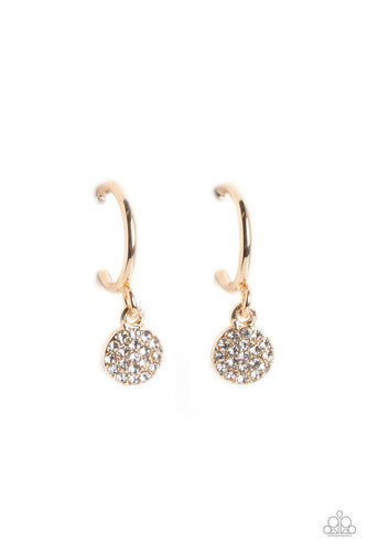 Swinging from a glistening gold hoop, a dainty gold disc, embossed with white rhinestones glimmers, adding a subtle shimmer around the ear. Earring attaches to a standard post fitting. Hoop measures approximately 1/2