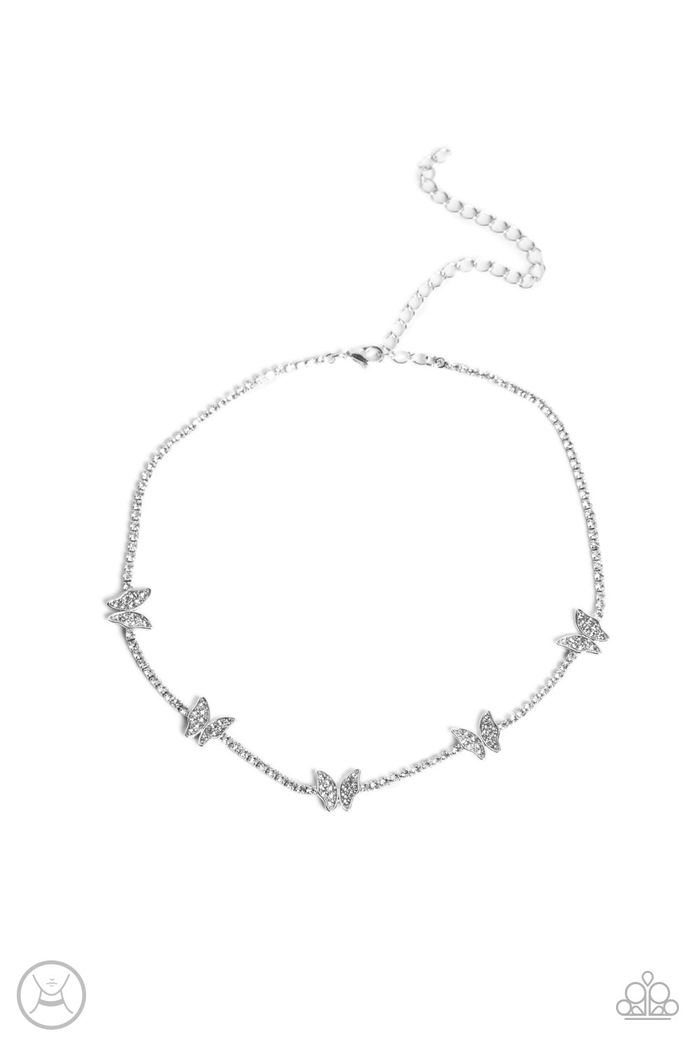 Infused along a row of dainty white rhinestones pressed into silver box-chain settings, a collection of silver butterflies coalesces around the neckline for a whimsical finish. Each butterfly features a dainty shimmer of white rhinestones on its wings, for a sparkly statement. Features an adjustable clasp closure. 