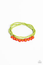 Load image into Gallery viewer, Strung along the entirety of three elastic stretchy bands, apple green seed beads coalesce around the wrist. Featured on one of the bands of green seed beads, blooming red seed bead flowers, with yellow seed bead centers haphazardly interrupt the refreshing collection for a carefree, charismatic finish. 
