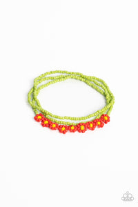 Strung along the entirety of three elastic stretchy bands, apple green seed beads coalesce around the wrist. Featured on one of the bands of green seed beads, blooming red seed bead flowers, with yellow seed bead centers haphazardly interrupt the refreshing collection for a carefree, charismatic finish. 