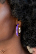 Load image into Gallery viewer, A thick silver hoop, dipped in a vibrant purple shade curls around the ear for a fashion-forward look. Earring attaches to a standard post fitting. Hoop measures approximately 1 1/4&quot; in diameter.  Sold as one pair of hoop earrings.
