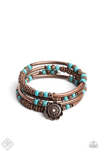 A mashup of textured copper beads, copper wheel beads, and rustic turquoise beads mixed with antiqued, curved copper bars, are threaded along an infinity wrap-style bracelet, creating an earthy statement of stacked layers around the wrist. Hanging from one of the curved copper bars, a floral copper pendant swings, drawing the eye to its textured details and opalescent center.  Sold as one individual bracelet.