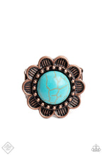 Load image into Gallery viewer, An oversized turquoise stone is pressed into the center of a blooming copper flower, radiating with antiqued details and textures for a whimsical look. Features a stretchy band for a flexible fit.  Sold as one individual ring.
