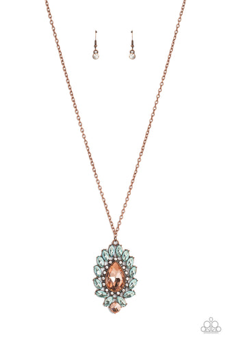 Encircling an oversized, faceted, peachy teardrop, an explosion of light blue marquise-cut gems fans out below the chest reflecting light off every surface. A row of white rhinestones pressed in square copper fittings directly borders the teardrop for additional shimmer. Featured directly below the oversized teardrop, a round rhinestone splashed in the same hue finishes off the glittery design. Features an adjustable clasp closure.