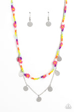 Load image into Gallery viewer, Multicolored seed beads are threaded along a wire, falling along the collar in a capricious pattern. Creating additional charm to the design, Pink Peacock seed bead flowers bloom amongst the bright pops of color. A delicate silver chain, infused with twinkling silver discs, layers with the colorful beads for a sassy, yet sweet, combo. Features an adjustable clasp closure. 
