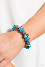 Load image into Gallery viewer, An earthy collection of dotted silver beads, rounded milky turquoise beads, studded silver rings, turquoise-spotted ceramic-like beads and textured silver beads are threaded along an invisible wire below the collar for an authentic artisan flair. Features an adjustable clasp closure.  Sold as one individual necklace. Includes one pair of matching earrings.  New Kit Get The Complete Look! Bracelet: &quot;Warped Wayfarer - Turquoise&quot; (Sold Separately)
