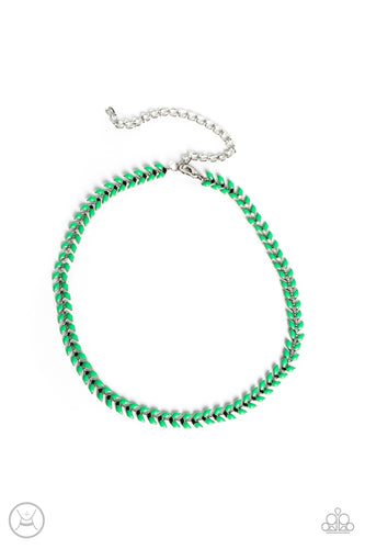 Fierce Classic Green beads curve into dauntless v-shaped silver frames around the collar, mimicking a Grecian wreath for a fashionable finish. Features an adjustable clasp closure.