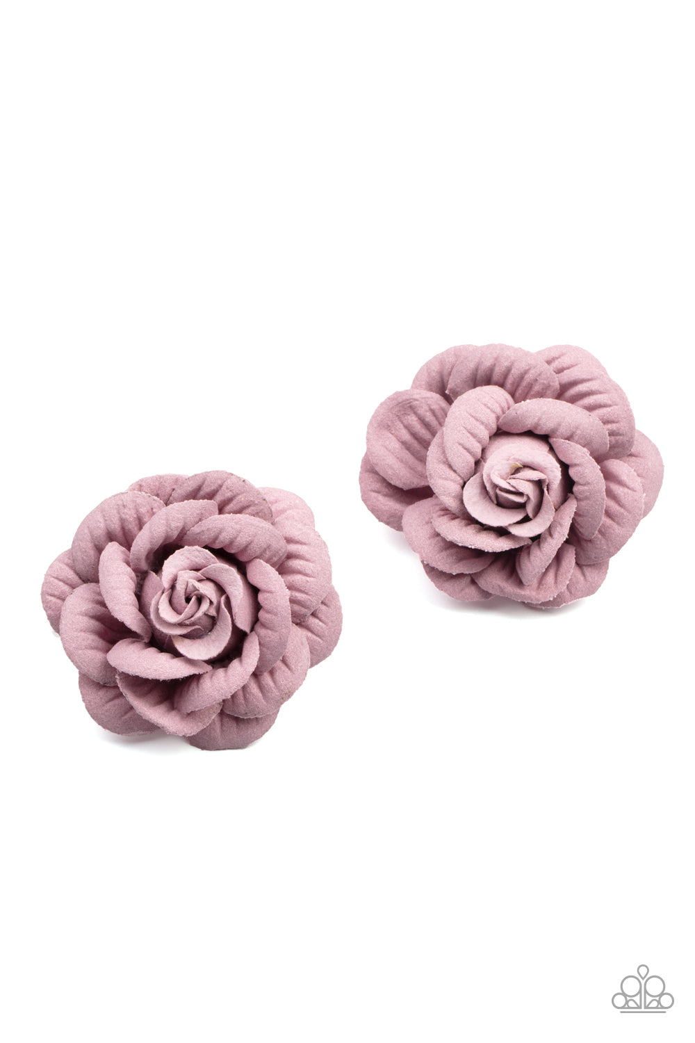 Featuring lifelike textures, papery purple petals delicately gather into a pair of charming rosebuds. Each flower features a standard hair clip on the back.