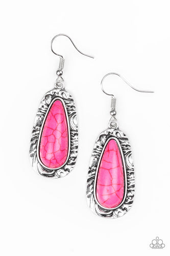 Chiseled into a tranquil teardrop, a vivacious pink stone is pressed into the center of a shimmery silver frame radiating with hammered details for an artisan inspired look. Earring attaches to a standard fishhook fitting.