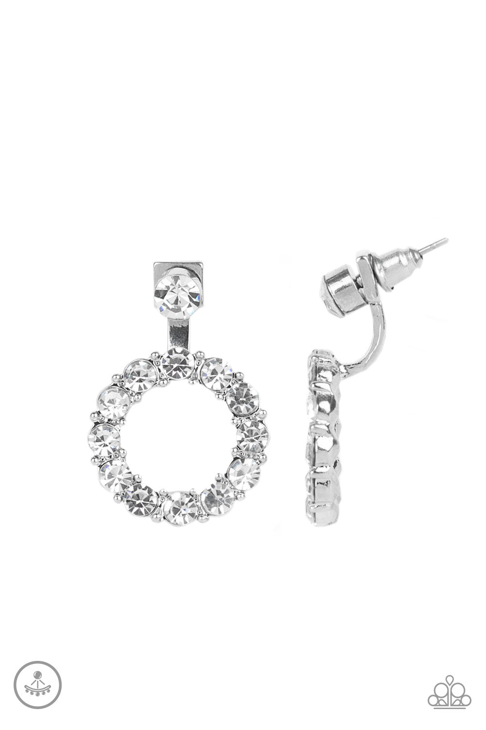 A solitaire white rhinestone attaches to a double-sided post, designed to fasten behind the ear. Encrusted in a ring of glassy white rhinestones, the glittery hoop peeks out beneath the ear for a glamorous look. Earring attaches to a standard post fitting.  Sold as one pair of double-sided post earrings.  New Kit Ear Jacket