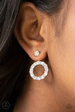 Load image into Gallery viewer, A solitaire white rhinestone attaches to a double-sided post, designed to fasten behind the ear. Encrusted in a ring of glassy white rhinestones, the glittery hoop peeks out beneath the ear for a glamorous look. Earring attaches to a standard post fitting.  Sold as one pair of double-sided post earrings.  New Kit Ear Jacket
