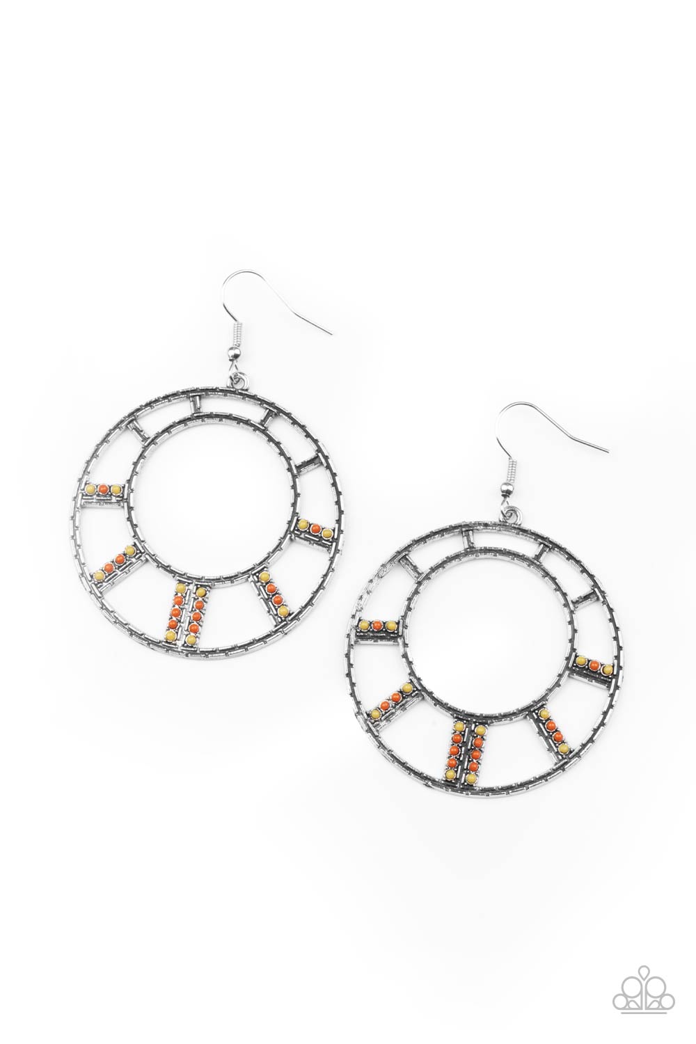 Stacks of dainty Rust and Willow beads flare out from a textured silver frame, creating a colorful sunburst pattern. Earring attaches to a standard fishhook fitting.  Sold as one pair of earrings.