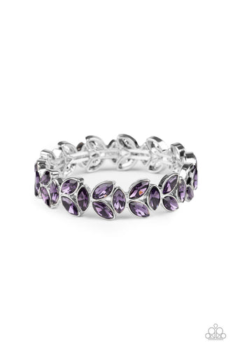 Trios of elegant marquise purple rhinestones delicately join into leafy silver frames along a stretchy band, creating a refined display around the wrist.  Sold as one individual.
