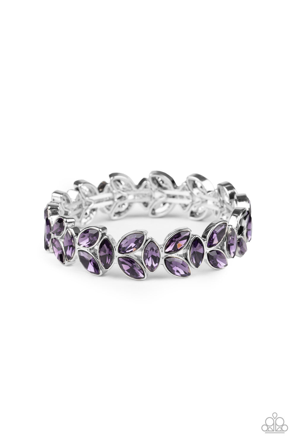 Trios of elegant marquise purple rhinestones delicately join into leafy silver frames along a stretchy band, creating a refined display around the wrist.  Sold as one individual.