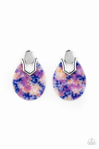 Speckled in a colorful watercolor pattern, a teardrop acrylic frame fastens to a shiny silver fitting for a trendy retro look. Earring attaches to a standard post fitting.