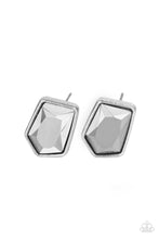 Load image into Gallery viewer, Featuring a raw asymmetrical cut, a smoky hematite gem is encased inside a sleek silver frame, creating an edgy display. Earring attaches to a standard post fitting.  Sold as one pair of post earrings.
