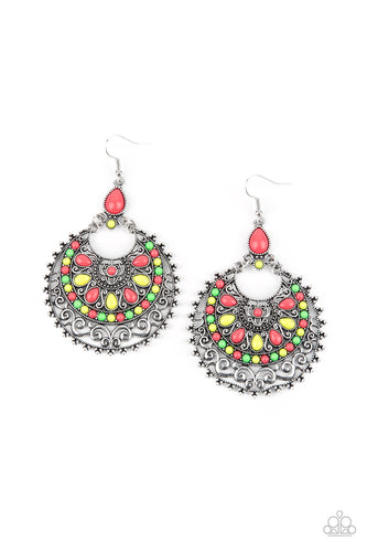 A dainty collection of round and teardrop neon pink, neon green, and Green Sheen beads embellish the front of a decoratively studded and filigree filled silver frame for a flamboyant splash of color. Earring attaches to a standard fishhook fitting.