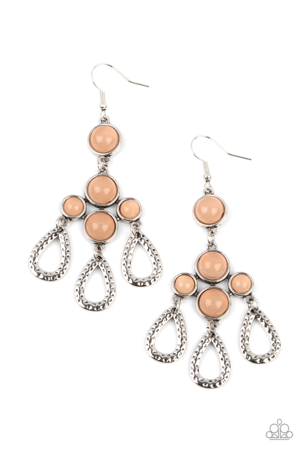 A cluster of bubbly Desert Mist opaque beaded frames give way to hammered silver teardrops, creating a mystical fringe. Earring attaches to a standard fishhook fitting.  Sold as one pair of earrings.