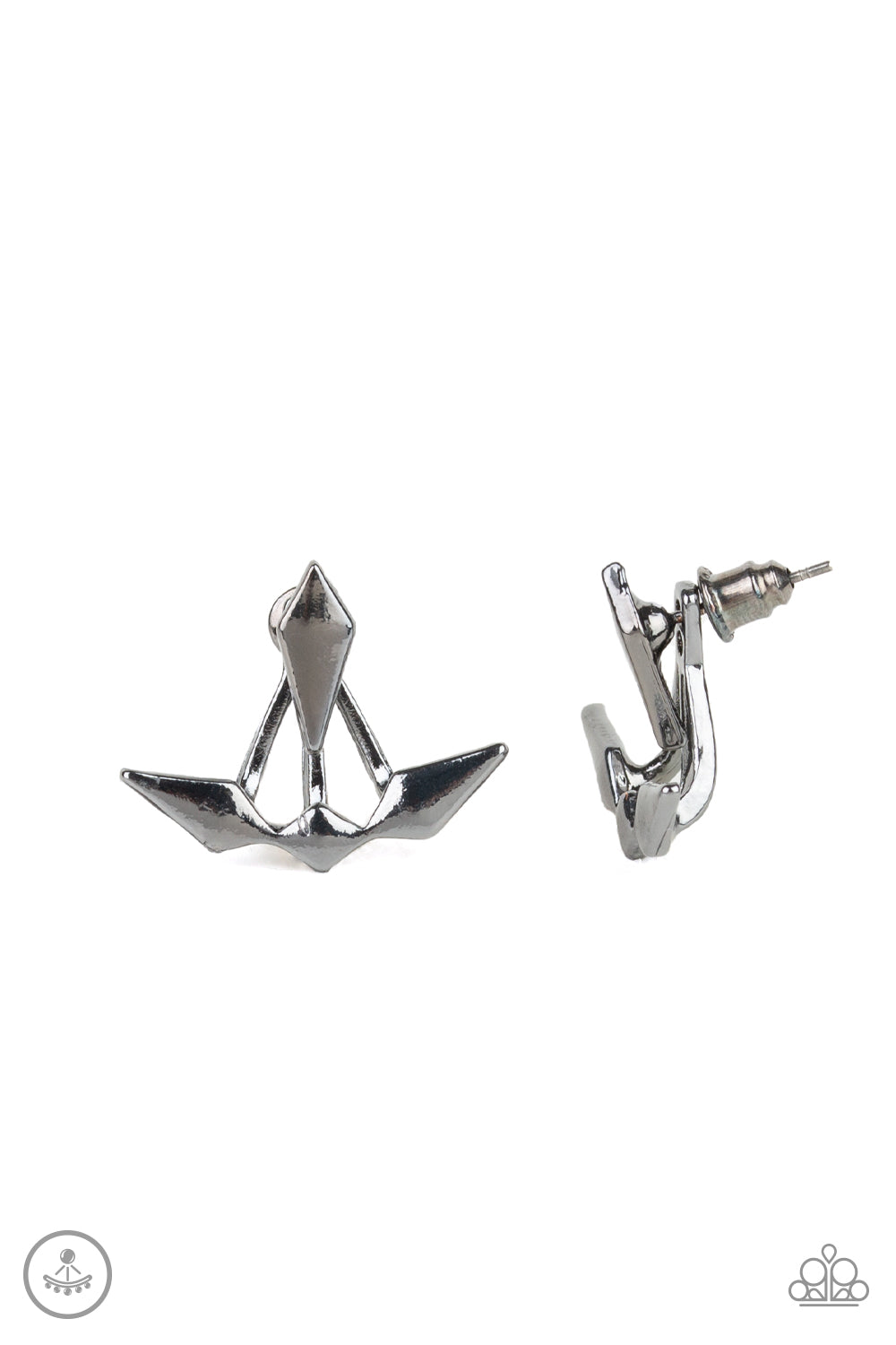 A solitaire gunmetal kite-shaped frame attaches to a double-sided post, designed to fasten behind the ear. Infused with matching kite-shaped frames, the double sided-post peeks out beneath the ear for an edgy look. Earring attaches to a standard post fitting.  Sold as one pair of double-sided post earrings.