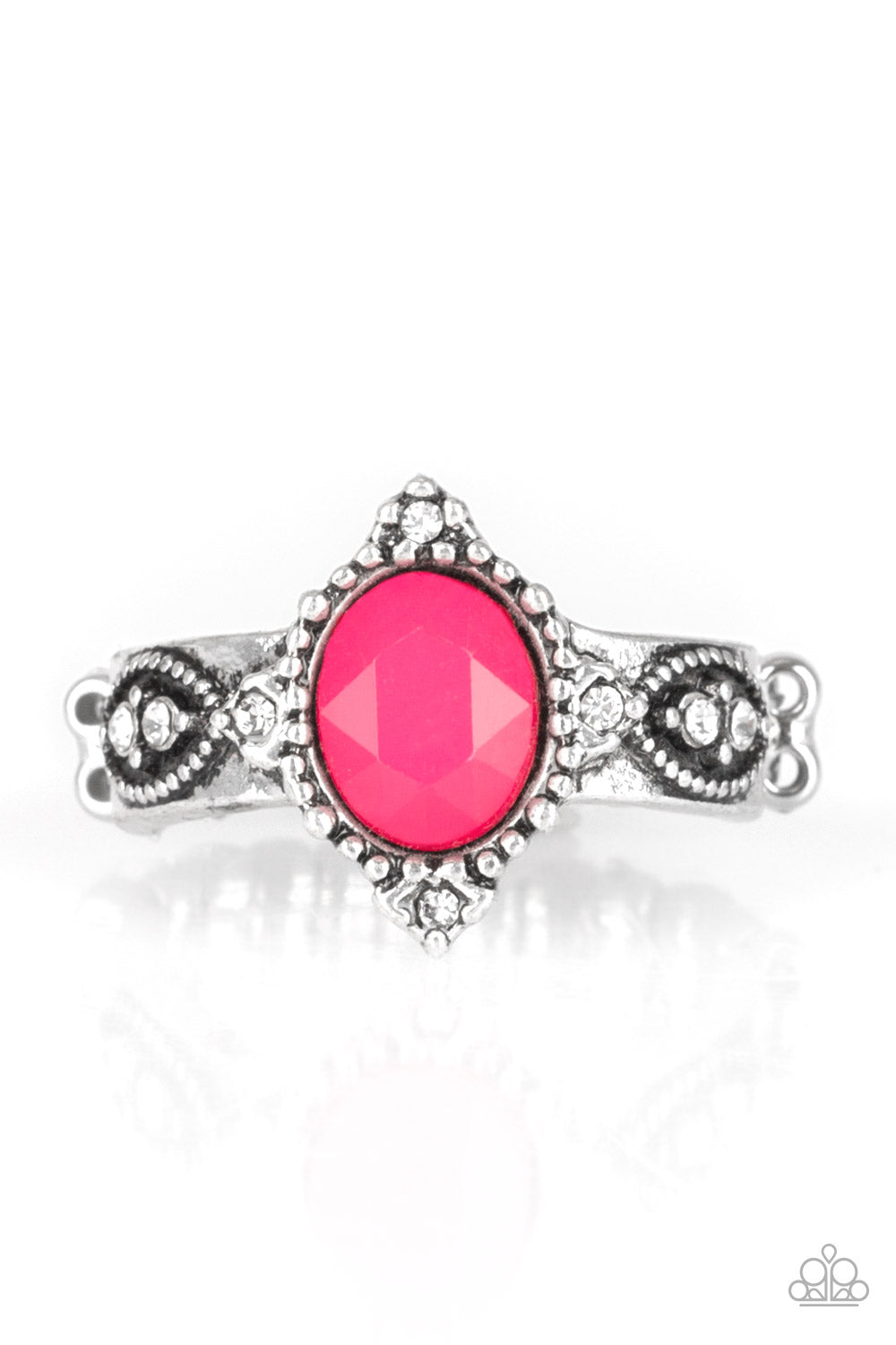 A faceted Pink Peacock bead is pressed into an ornate silver band radiating with silver studs and dainty white rhinestones for a refined look. Features a dainty stretchy band for a flexible fit.