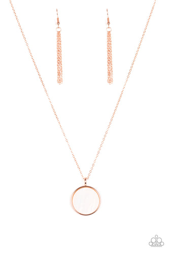 A flat shell-like pendant swings from the bottom of a dainty shiny copper chain below the collar for a refined look. Features an adjustable clasp closure.