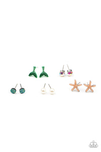 Cute "Under the Sea" themed earrings feature starfish, mermaid, pearl, rhinestone, and iridescent accents. Earrings attach to standard post fittings.