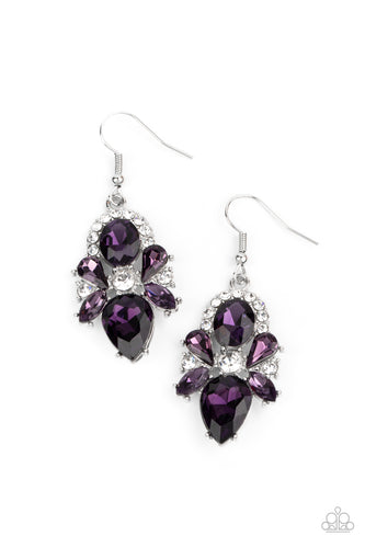 Featuring regal marquise, teardrop, and oval cuts, a sparkly collection of stunning purple rhinestones adorn a glittery backdrop of glassy white rhinestones, creating a dramatically dazzling centerpiece. Earring attaches to a standard fishhook fitting.
