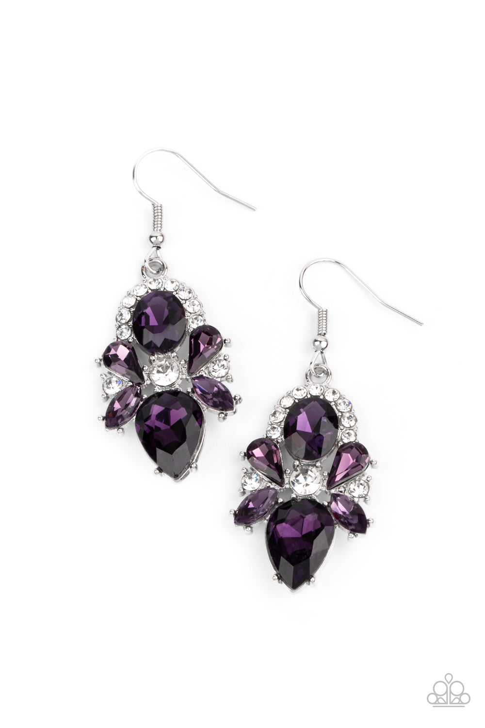Featuring regal marquise, teardrop, and oval cuts, a sparkly collection of stunning purple rhinestones adorn a glittery backdrop of glassy white rhinestones, creating a dramatically dazzling centerpiece. Earring attaches to a standard fishhook fitting.