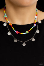 Load image into Gallery viewer, Multicolored seed beads are threaded along a wire, falling along the collar in a capricious pattern. Creating additional charm to the design, Pink Peacock, white, purple, blue, orange, green, purple, and baby pink seed bead flowers bloom amongst the bright pops of color. A delicate silver chain, infused with twinkling silver discs, layers with the colorful beads for a sassy, yet sweet, combo. Features an adjustable clasp closure.
