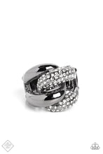 Load image into Gallery viewer, A pair of oversized, rounded chain links interlock across the top of the finger, creating an unflinching statement piece. One gunmetal link is coated in sparkling white rhinestones, while the other emits a radiant sheen from its polished surface, resulting in a flawless mashup of grit and glitz. Features a stretchy band for a flexible fit.  Sold as one individual ring

