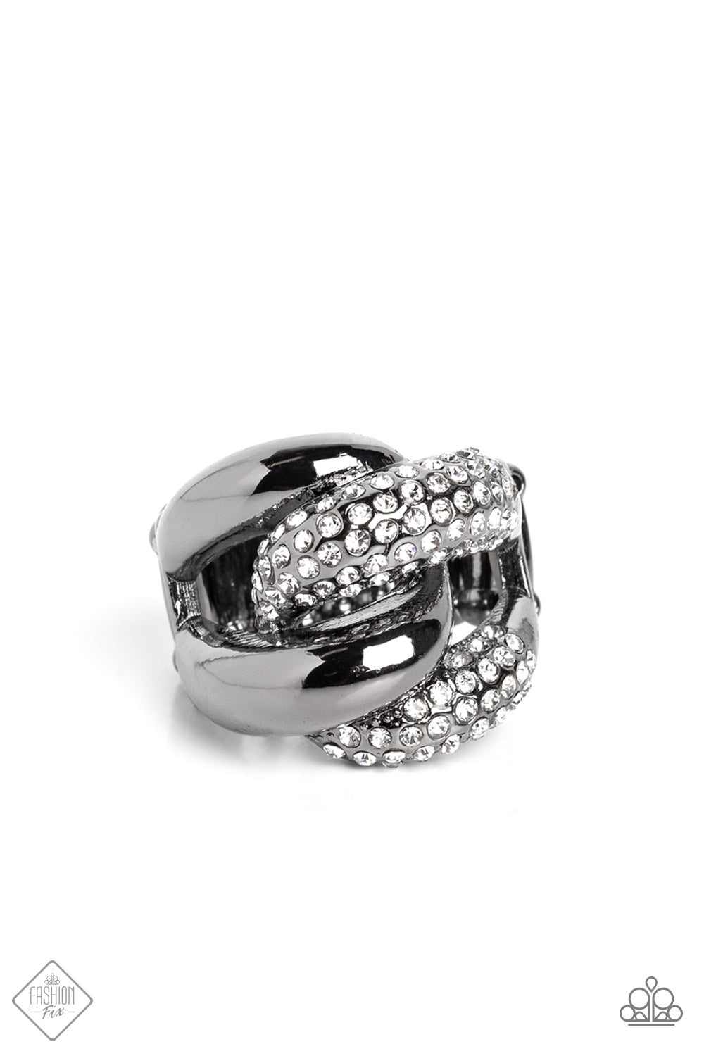A pair of oversized, rounded chain links interlock across the top of the finger, creating an unflinching statement piece. One gunmetal link is coated in sparkling white rhinestones, while the other emits a radiant sheen from its polished surface, resulting in a flawless mashup of grit and glitz. Features a stretchy band for a flexible fit.  Sold as one individual ring