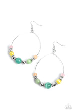 Load image into Gallery viewer, Silver beads, dainty silver wheel beads, and vibrant pink, yellow, blue, green, and orange cat&#39;s eye stones in varying sizes are threaded along a delicate teardrop-shaped silver wire resulting in an earthy lure. Earring attaches to a standard fishhook fitting. 
