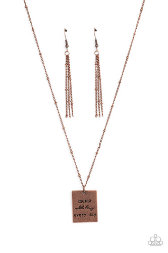 Infused with dainty copper studs on a dainty copper chain, a copper rectangular plate is stamped with the phrase 