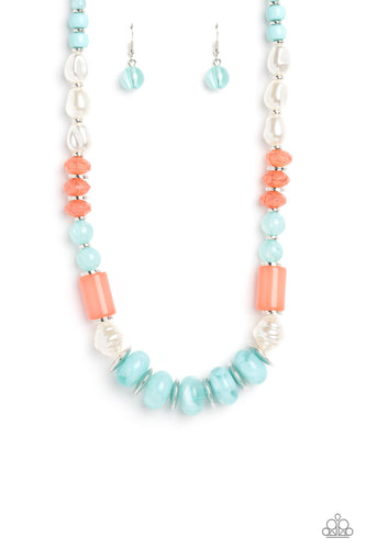 Silver accents and discs combine with a collection of solid, cloudy, and crackle beads in varying sizes and colors, to create a modern design threaded along a classic silver chain. The shades of Waterspout and coral create a vibrant and refreshing palette, with pearly white accents interspersed for a hint of refinement. Features an adjustable clasp closure. 