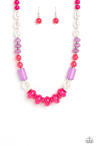 Silver accents and discs combine with a collection of solid, cloudy, and crackle beads in varying sizes and colors, to create a modern design threaded along a classic silver chain. The shades of Pink Peacock and Lavender create a vibrant and showy palette, with pearly white accents interspersed for a hint of refinement. Features an adjustable clasp closure. 