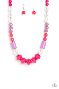 Silver accents and discs combine with a collection of solid, cloudy, and crackle beads in varying sizes and colors, to create a modern design threaded along a classic silver chain. The shades of Pink Peacock and Lavender create a vibrant and showy palette, with pearly white accents interspersed for a hint of refinement. Features an adjustable clasp closure. 
