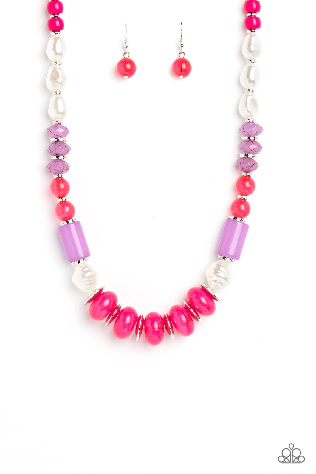 Silver accents and discs combine with a collection of solid, cloudy, and crackle beads in varying sizes and colors, to create a modern design threaded along a classic silver chain. The shades of Pink Peacock and Lavender create a vibrant and showy palette, with pearly white accents interspersed for a hint of refinement. Features an adjustable clasp closure. 