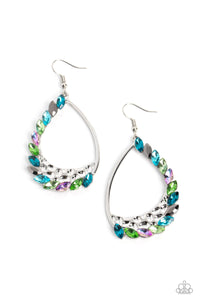  A sharp collection of reflective blue, green, pink, light blue, light green, and hematite marquise-cut gems embellish and curve up one side of a gritty teardrop frame, creating an edgy embellishment. Creating additional grit to the design, a thick inlay of hammered silver with subtle texture curves just below the gems. Earring attaches to a standard fishhook fitting.