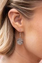 Load image into Gallery viewer, Three silver discs trickle from the bottom of three silver snake chains, creating shimmery monochromatic layers down the chest. An intricate floral design is stamped onto each disc, adding a whimsical touch to the charming design. Features an adjustable clasp closure.  Sold as one individual necklace. Includes one pair of matching earrings.
