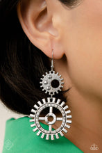 Load image into Gallery viewer, A pair of variegated gear pendants, embellished with textures and a dusting of white rhinestones, stack into an industrial cascade to create a steampunk-like lure. Earring attaches to a standard fishhook fitting.  Sold as one pair of earrings.
