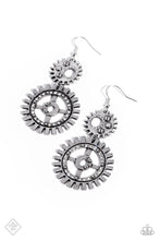 Load image into Gallery viewer, A pair of variegated gear pendants, embellished with textures and a dusting of white rhinestones, stack into an industrial cascade to create a steampunk-like lure. Earring attaches to a standard fishhook fitting.  Sold as one pair of earrings.
