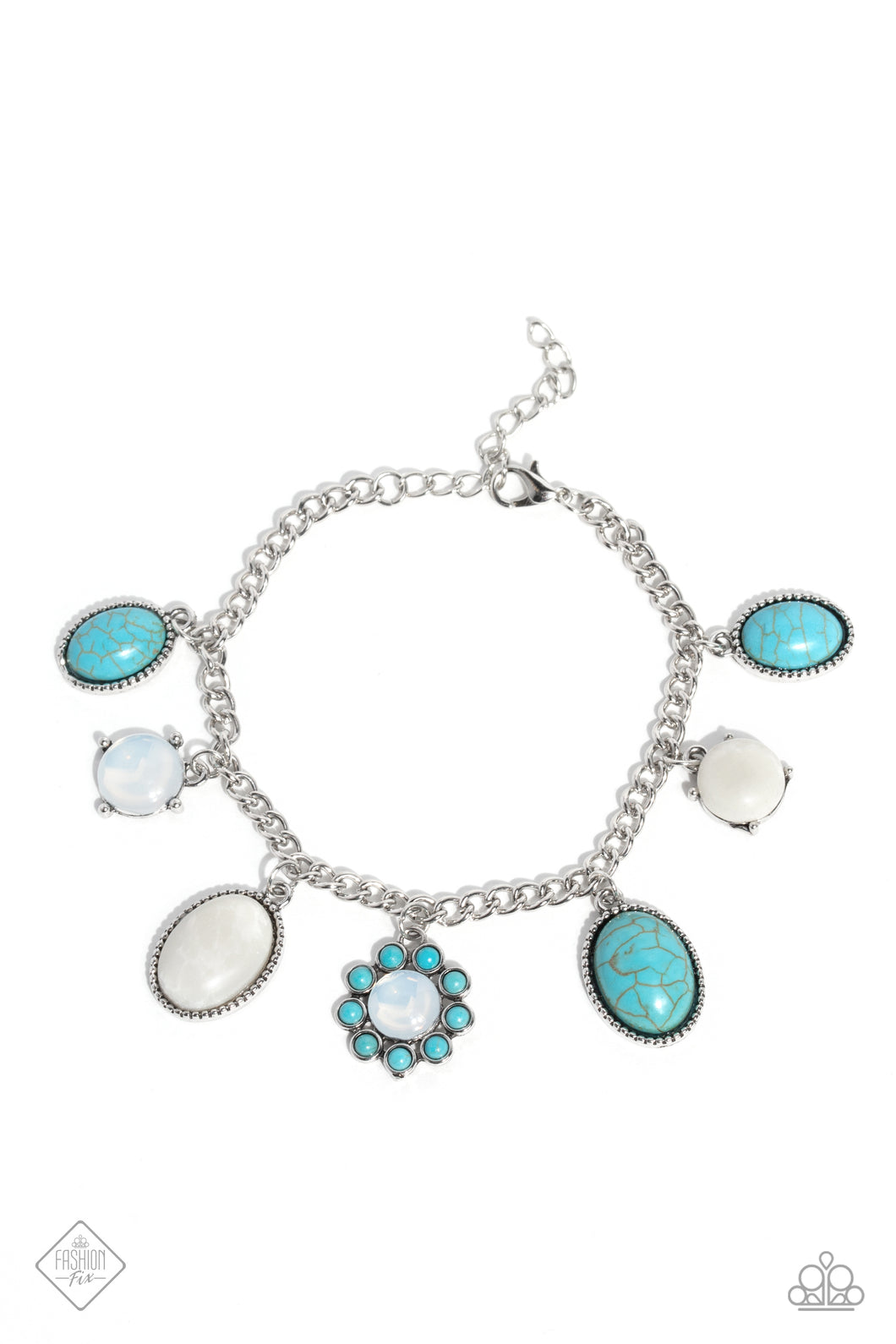 A collection of turquoise stones and white opalescent beads gather along a classic silver chain, creating a timeless charm bracelet. Studded silver frames add classic southwestern flair, as pronged settings bring a hint of homespun character. Features an adjustable clasp closure. As the stone elements in this piece are natural, some color variation is normal.