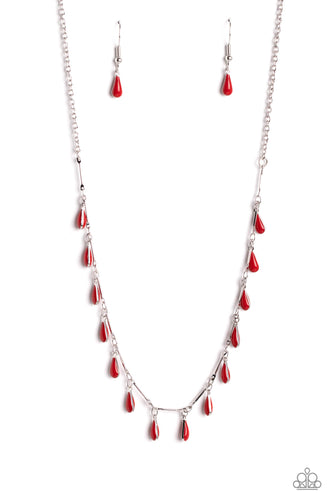  Infused along a dainty silver chain, thin silver bars and dainty, elongated red teardrops drip down the neckline for a fashionable, subtle pop of color. Features an adjustable clasp closure. 