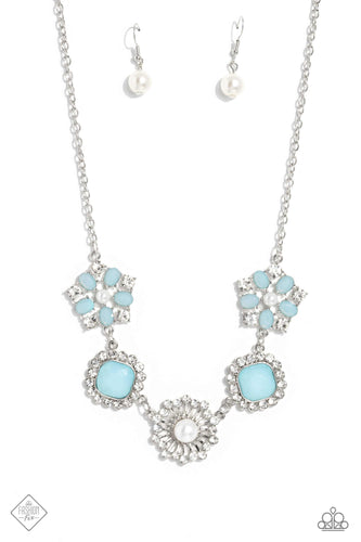  variety of floral-inspired pendants dusted in rhinestones encircle the collar, creating a glitzy display. Polished Skylight beads fan out around dainty white pearl centers, creating a pair of pentagonal frames, followed by two faceted Asscher-cut beads in the same frosty shade of Skylight encircled by classic white rhinestones.
